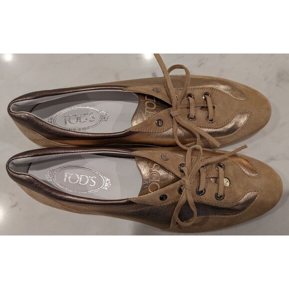 Women's TOD'S Beige Leather & Metallic Gold/Pewter Leather Low-Top Sneakers 11.5 - Picture 9 of 13